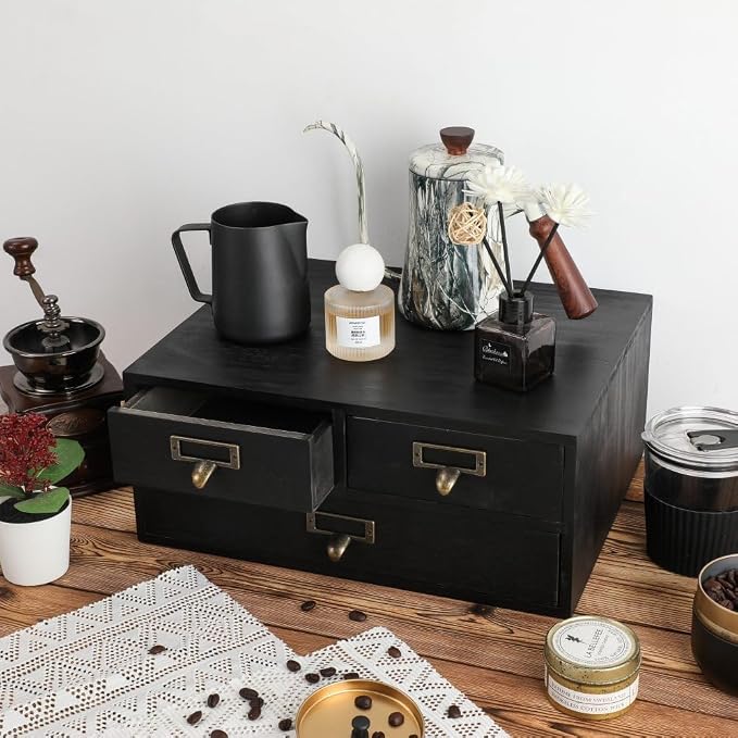 Wooden Drawers Apothecary Cabinet Black Wood Desktop Organizer Box | Vintage Wooden Storage Box for Apothecary Drawers, Countertop Organizer with Drawer for Library Card Catalog Cabinet - Image 2