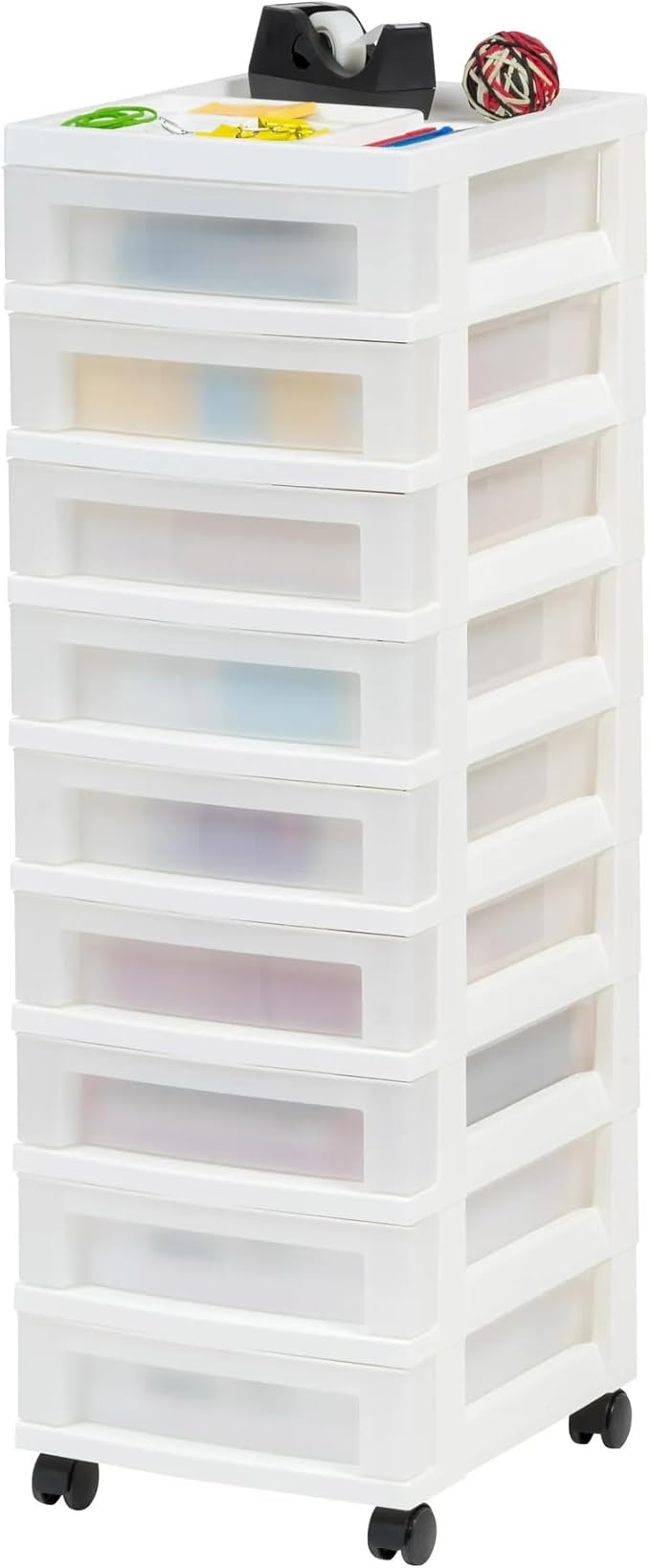9-Drawer Slim Plastic Storage Cart with Divided Organizer Top, Mobile Rolling Storage Unit on Casters for Office, Bedroom, Craft Room, White (14.4”L x 12.2”W x 37.9”H) by Unknown