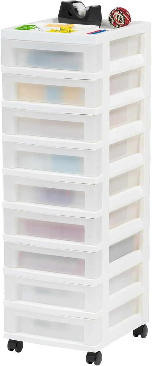 9-Drawer Slim Plastic Storage Cart with Divided Organizer Top, Mobile Rolling Storage Unit on Casters for Office, Bedroom, Craft Room, White (14.4”L x 12.2”W x 37.9”H) by Unknown