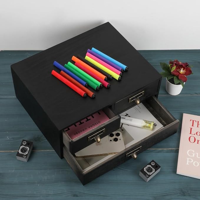 Wooden Drawers Apothecary Cabinet Black Wood Desktop Organizer Box | Vintage Wooden Storage Box for Apothecary Drawers, Countertop Organizer with Drawer for Library Card Catalog Cabinet - Image 4