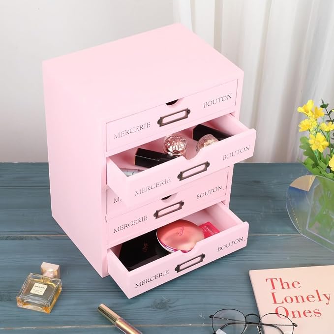 Small Wooden Drawers Wooden Box with Drawer, Pink 5 Wood Drawer | Countertop Storage Box for Apothecary Cabinet, Apothecary Drawers，Desktop Organizer for Office，Home - Image 4