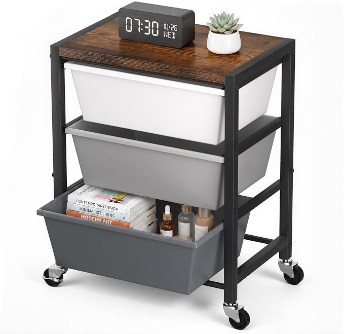 Rolling Cart with 3 Drawers, Plastic Drawer Storage Carts with Lockable Wheels & Wooden Tabletop, Metal Art Craft Utility Cart Organizer for Home Office Bedroom Dorm Bedside Classroom, Dark Gray by TimeForest
