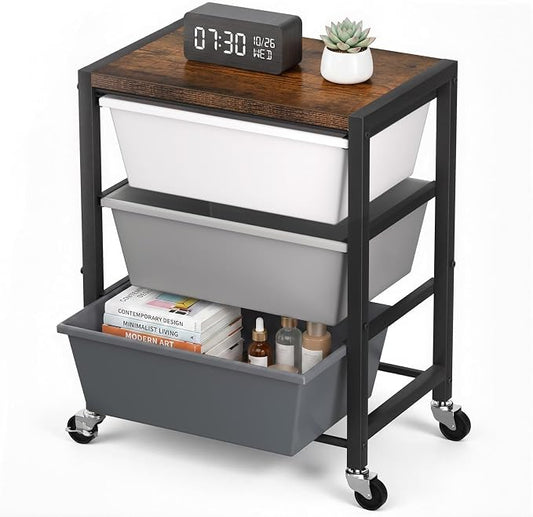 Rolling Cart with 3 Drawers, Plastic Drawer Storage Carts with Lockable Wheels & Wooden Tabletop, Metal Art Craft Utility Cart Organizer for Home Office Bedroom Dorm Bedside Classroom, Dark Gray by TimeForest