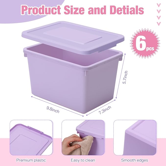 Potchen 6 Pack Small Stackable Storage Bins with Lids Plastic Storage Boxes for Classroom 9.8" ×7.3" ×5.7" Decorative Organizer Bins for Craft Art Office Teacher Supplies (Pink,Purple) - Image 2