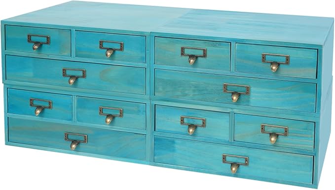 4-Piece Desktop Organizer Set with 3 Drawers, Wood & Metal Drawer Storage, Wooden Desktop Organizer for Store Cosmetics, Jewelry, Letters, Papers, Tea Bags, Sugar Packets (Blue) - Image 5
