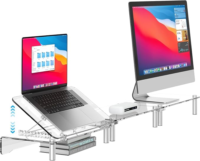 Clear Acrylic Dual Monitor Stand Riser,Laptop Riser Adjustable to 8 Angles | Double Computer monitor riser for desk for 2 Monitors,Desktop organizer Stand for Laptop,PC,Printer,TV，Cute Desk Accessories by RQUOIRE