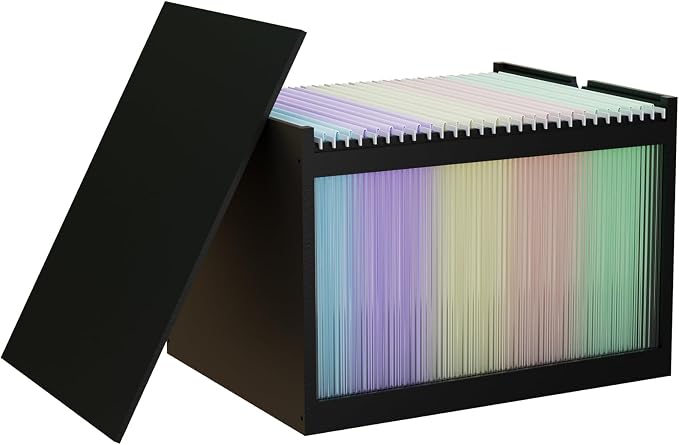 Bamboo Hanging File Organizer, Desktop File Box with Lids, 1 Pack, Black | Removable Lid, Clear Acrylic Side Panels, 2 Hanging Folders Included, Helps Reduce Dust, Letter & Legal Size, Easy Assembly by LONTAI