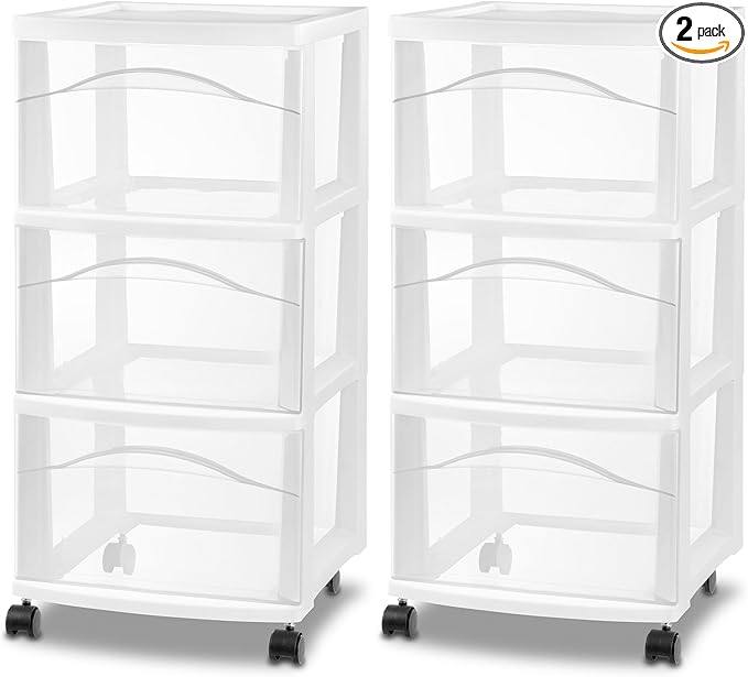 Sterilite 2 Pack 3 Drawer Storage Cart, Plastic Medium Organizer with Wheels, White - Multipurpose Bin for Crafts, Accessories, or Office Supplies by Sterilite