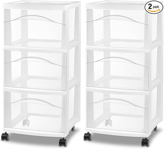Sterilite 2 Pack 3 Drawer Storage Cart, Plastic Medium Organizer with Wheels, White - Multipurpose Bin for Crafts, Accessories, or Office Supplies by Sterilite