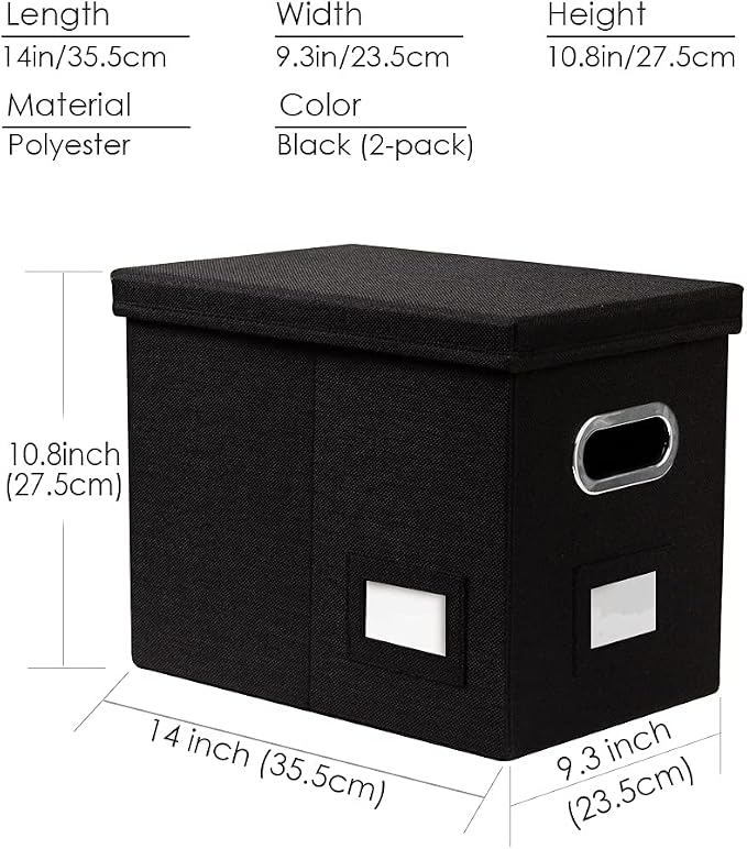 File Organizer Box - Set of 2 Collapsible Decorative Linen Filing Storage Hanging File Folders with Lids Office Cabinet Letter Size Black (14x9.3x10.8 inch) - Image 7