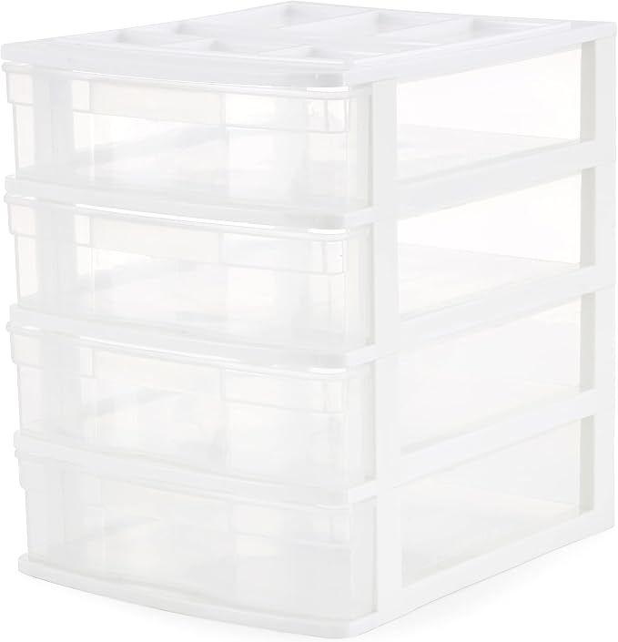 Gracious Living Drawer Organizer, 4-Tier Plastic Storage Desktop Drawers, White Frame - Stackable Clear Desk Containers & Organizers for Shelves, Bathroom, Closet, Kitchen Pantry & Office Organization by GraciousLiving