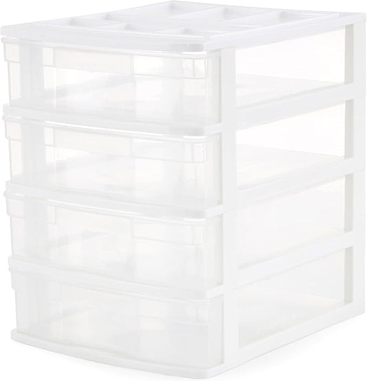 Gracious Living Drawer Organizer, 4-Tier Plastic Storage Desktop Drawers, White Frame - Stackable Clear Desk Containers & Organizers for Shelves, Bathroom, Closet, Kitchen Pantry & Office Organization by GraciousLiving