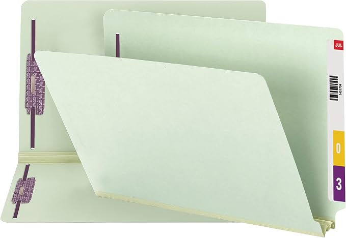 SMEAD End Tab Pressboard File Folder with SafeSHIELD Fasteners, 2 Clips, 2" Expansion, Legal Size, Gray/Green, 25 per Box (37715) by SMEAD