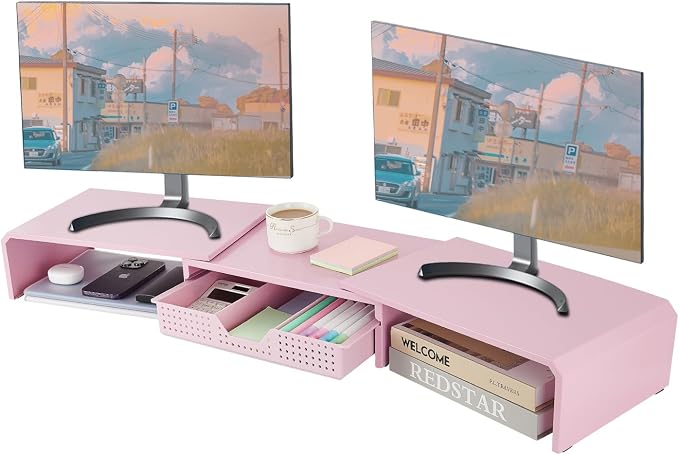 LEKETREE Dual Monitor Stand Riser with Drawer, Desk Organizer and Accessories, Pink Monitor Stand for Desk, Desktop Stand for Computer, Laptop, TV and More (Pink) by Stylishworkspaceeffortlessorganization