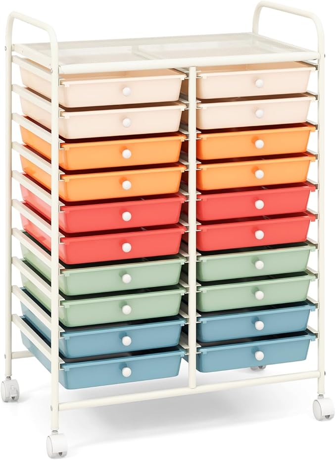 GOFLAME 20-Drawer Rolling Storage Cart, Multifunctional Art Craft Organizer Cart, Mobile Utility Storage Cart with Removable Drawers & Lockable Wheels, Craft Cart for Home Office School, Macaron Color by GOFLAME