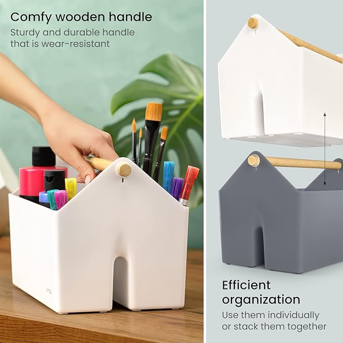 ARTEZA Plastic Portable Craft Storage Organizer, Pack of 2, Gray and Ivory, 3-Sectioned Plastic Basket with Handle, Caddy Organizer - Image 2