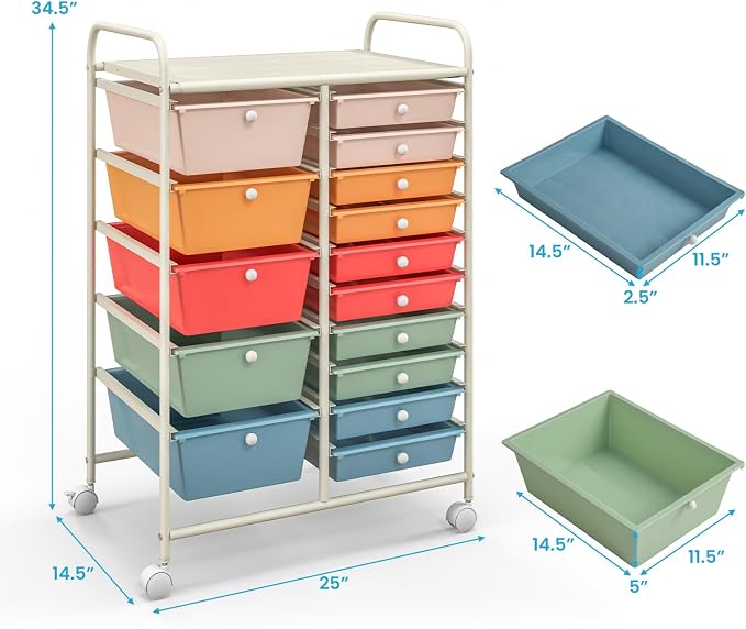 Moccha 15-Drawer Rolling Storage Cart - Under Desk Storage Drawers with wheels for Craft Art Supply Paper Salon, Scrapbook Paper Tools, Mobile Utility Cart for Classroom (15 Drawers, Macaron) - Image 3