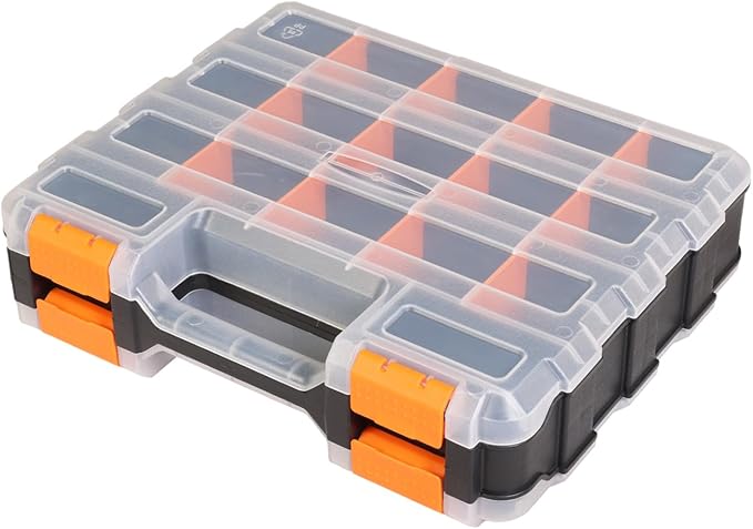 Jack Boss Tool Box with Transparent Lid, Double Side 34-Compartments Organizer Box with Removable Dividers for Hardware, Screws, Bolts, Nails, Beads, Jewelry and Fishing Accessories, Orange, 1 Pack by JACKBOSS