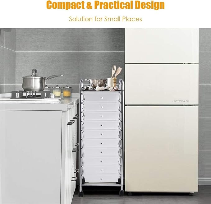 Storage Cart, Rolling Utility Cart with 10 Drawers, Portable Handles & Lockable Wheels, Mobile Paper Toys Storage Organizer Large Capacity for Home Office School Teacher (Clear) - Image 9