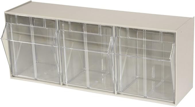 Akro-Mils TiltView Plastic Storage Cabinet with 3 Tilt Out Bins, Horizontal Plastic Parts Organizer, Teacher Toolbox, and Office Supply Organizer, 23-5/8" W x 9-7/16" H x 7-7/8" D, Stone by Akro-Mils