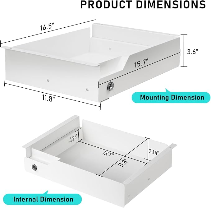 Under Desk Drawer Storage with Lock, Metal Undermount Table Drawer, Ball Bearing Slides Out Tray Organizer for Paper, Pencil, and Laptop 16"x11.8"x3.6", White - Image 2