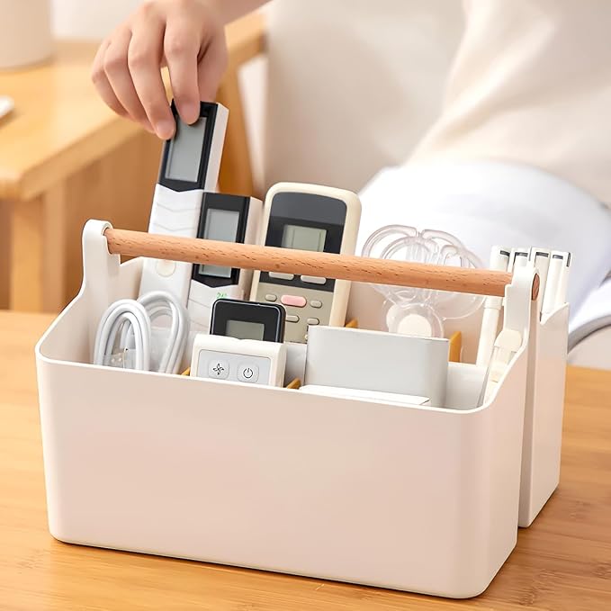 EZOWare Plastic Stackable Caddy Tote Set, Large Storage Organizer Bins w/Removable Compartment Divider & Handle for Makeup, Bathroom, Office Supplies, School, Crafts, Nursery - White and Orange - Image 6