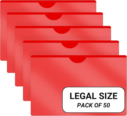 Doctor Stuff - Vinyl Plastic Pocket File Folders Closed Sides, Pack of 50, Legal Size, Clear Front Top Loading Job Jacket, Documents Holder for Office and Medical Files, Red by DoctorStuff