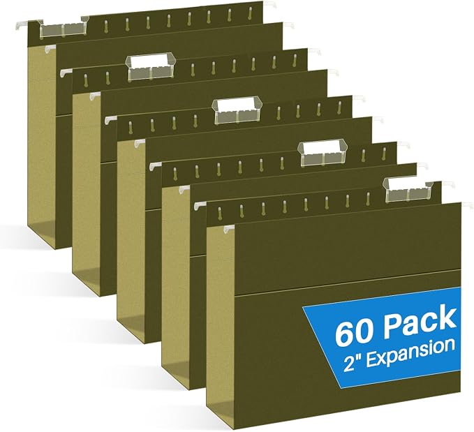 Extra Capacity Hanging File Folders, RAZCC 60 Pack Letter Size Reinforced Hanging Folders with Heavy Duty 2 Inch Expansion for Bulky Files, Filing Cabinet, Adjustable Tabs, Green by RAZCC