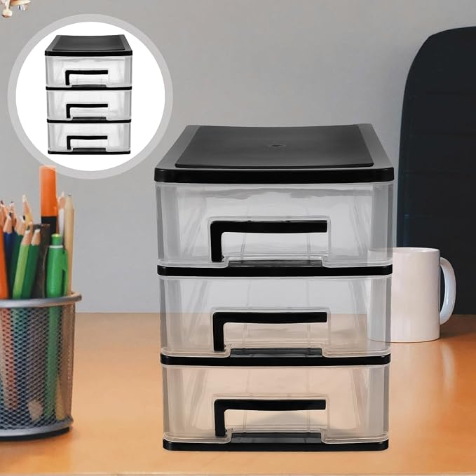ULTNICE Three Drawer Plastic Storage Organizer Transparent Drawer Type Closet Cabinet for Desk Office Study Living Room Portable Storage Drawers for Organizing Small Items 8.30 X 7.55 X 5.98 in - Image 5