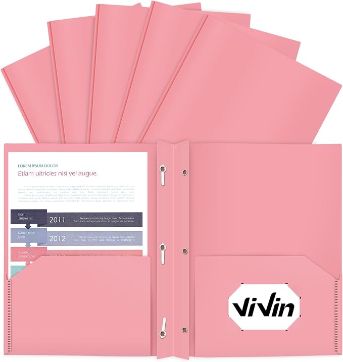 ViVin 12-Pack Durable 3-Prong Plastic Folder, Heavy Duty Pocket Folder with Brads, Pastel Color, Letter Size Poly Folders with 2 Pockets, Cute Folders for Kids, Students, Teachers and Officer (Pink) by ViVin
