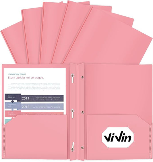ViVin 12-Pack Durable 3-Prong Plastic Folder, Heavy Duty Pocket Folder with Brads, Pastel Color, Letter Size Poly Folders with 2 Pockets, Cute Folders for Kids, Students, Teachers and Officer (Pink) by ViVin