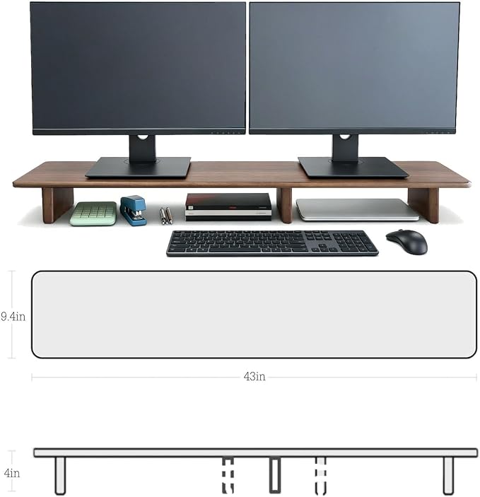 Solid Wood Dual Monitor Stand Riser Walnut Monitor Riser for Desk Wooden Desk Shelf Ergonomic Monitor Stand for Home Office - Image 3