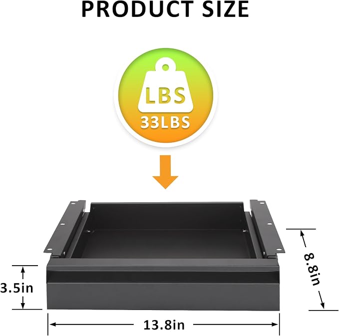 POPMOON 13.8 inch Under Desk Drawer Organizer Pull Out Metal Storage Drawer | Under Table Drawer with Silent Smooth Slide Rails, Carbon Steel Undermount Drawer, Black Powder Coated, Hold 33 Lbs - Image 6