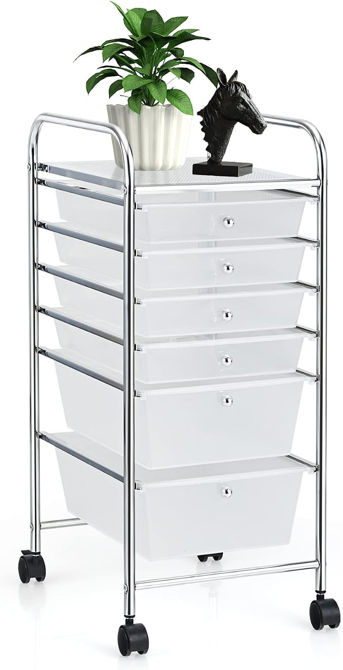 COSTWAY 6-Drawer Rolling Storage Cart, Art Craft Tools Organizer on Wheels | Multifunctional Heavy Duty Utility Mobile Storage Trolley w/ 2 Lockable Wheels for Home Office School (Clear) by COSTWAY