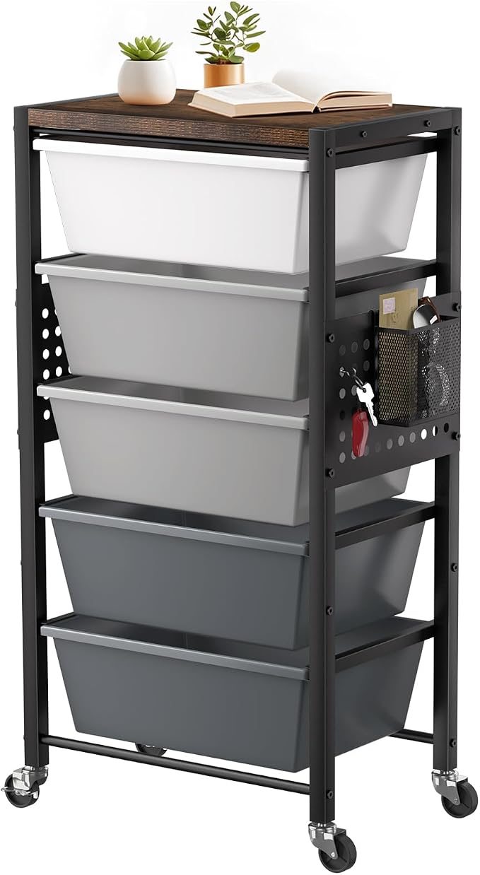 Rolling Cart with 5 Drawers, Plastic Drawer Storage Carts with Wheels & Wooden Tabletop, Metal Utility Cart with Pegboards, Office Living Room Classroom Craft Organization and Storage, Dark Grey by TimeForest