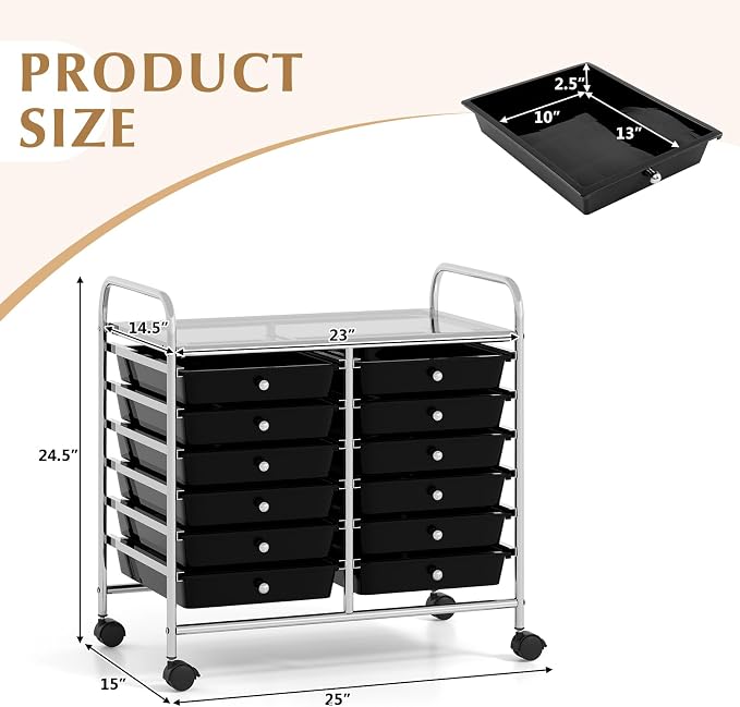 GOFLAME 12-Drawer Rolling Storage Cart, Multifunctional Art Craft Organizer Cart, Mobile Utility Storage Cart with Removable Drawers & Lockable Wheels, Craft Cart for Home Office School, Black - Image 3
