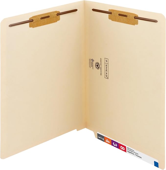 Smead Heavyweight End Tab Fastener File Folder, Shelf-Master® Reinforced Straight-Cut Tab, 2 Fasteners, Letter Size, Manila, 50 per Box (34215) by SMEAD