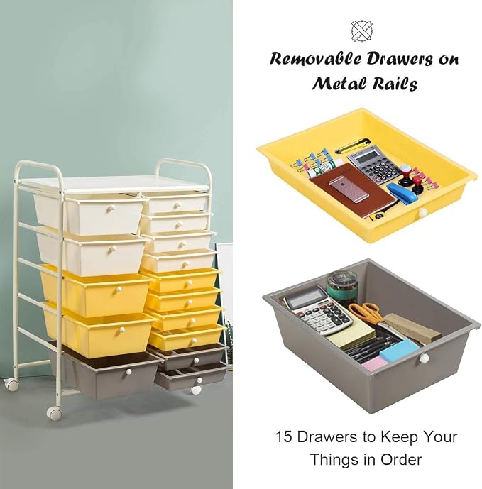 Moccha 15-Drawer Rolling Storage Cart - Under Desk Storage Drawers with wheels for Craft Art Supply Paper Salon, Scrapbook Paper Tools, Mobile Utility Cart for Classroom (15 Drawers, Yellow) - Image 5