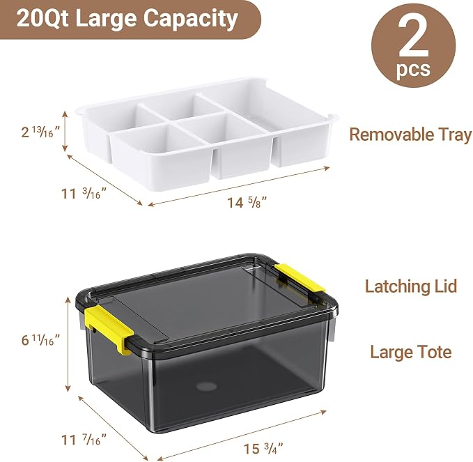 40Qt Stackable Storage Bins with Lids Trays Craft Box Organizers, 2Pack,GY | Clear Plastic Latching Boxes Organizers with Dividers Portable Containers for Arts & Crafts, Home Office Classroom Car Trunk - Image 2