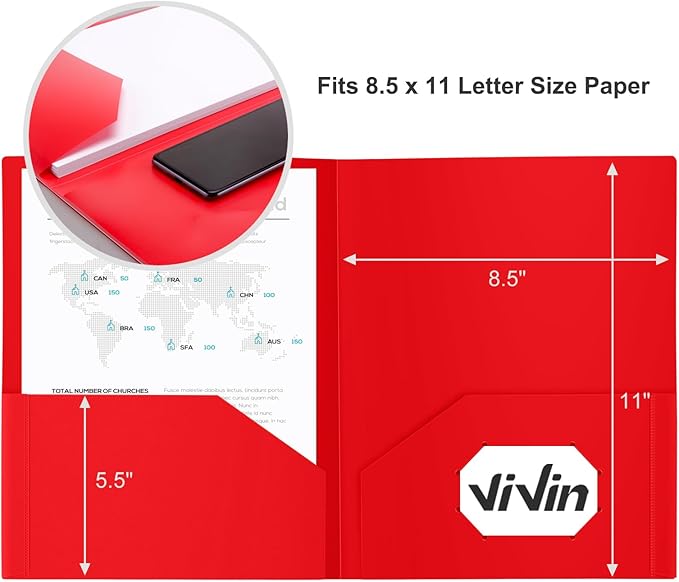 ViVin 12-Pack Sturdy Plastic Folder with Pockets, Poly Folders with 2 Pocket, Plastic Pocket Folder with Business Card Slot, for School, Home, Office (Red) - Image 3