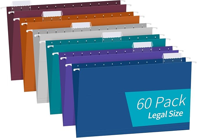 Hanging File Folders, RAZCC 60 Pack Reinforced Hanging Folders Legal Size, Designed for Bulky Files, Filing Cabinet, Adjustable Tabs, Assorted Colors by RAZCC