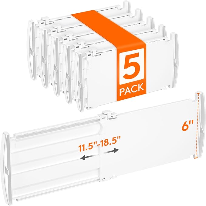Lifewit 6" Tall Drawer Dividers, Adjustable Deep Drawer Organizer Clothes | 5 Pack 11.5"-18.5" Expandable White Plastic Separators for Dresser, Kitchen, Cabinet, Closet, Office Organization & Storage by Lifewit