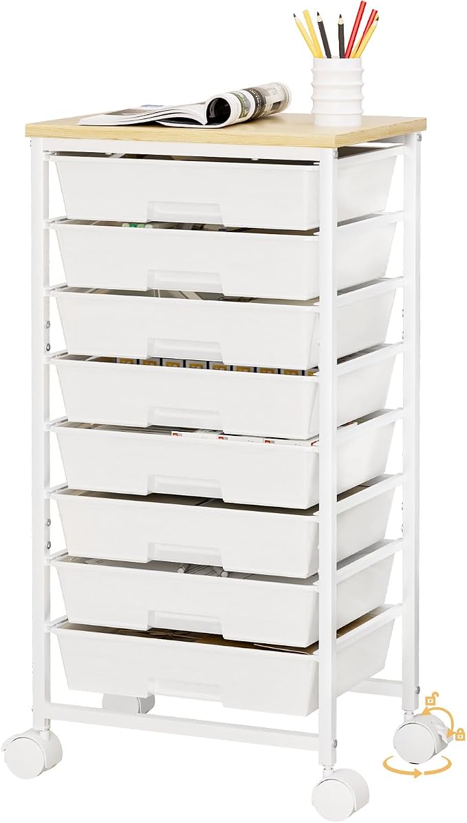 Homde Rolling Storage Drawer Cart: 8-Drawer Sort to Clear Desk & Dresser Clutter - Anti-Fall Smooth Glide Prevents Spill-Out During Daily Grab - Lockable Wheels Keep It Steady by Homde