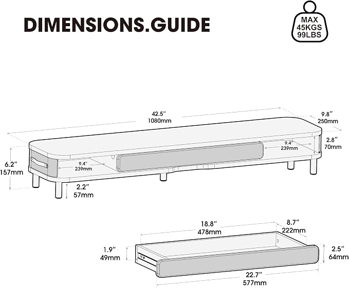Fenge Dual Monitor Stand with Large Storage Drawer, 42.5" Dsek Shelf, Brown | Slide-Out Drawer with Soft Touch Leather, Ergonomic Monitor Riser, Aluminum leg, 2-Tier Desk Organizer for Laptop, TV, PC - Image 3