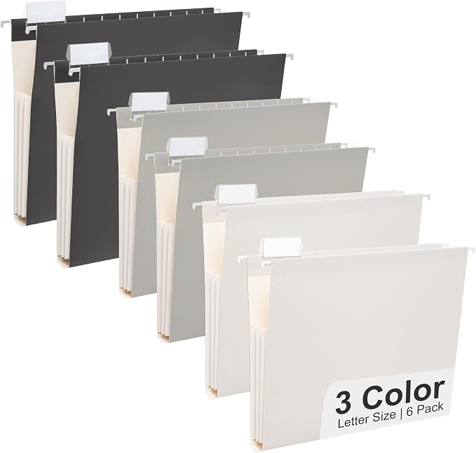 Y YOMA Letter Size - 6 Pack Extra Capacity Hanging File Folders Accordion Decorative Reinforced File Folder Cute Colored Expandable Folder for Office Home with 1/5-Cut Adjustable Tabs, Ash Grey by YYOMA
