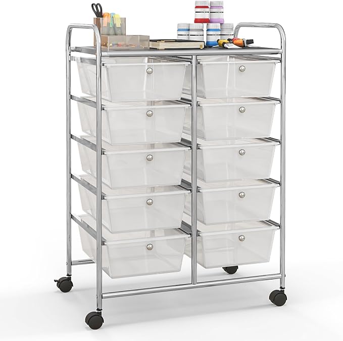 Giantex 10 Drawers Rolling Cart, Classroom Organizers, Storage Cart with Wheels, for Teacher Office Home School Supplies Tool Craft Art Paper, Clear White by Giantex
