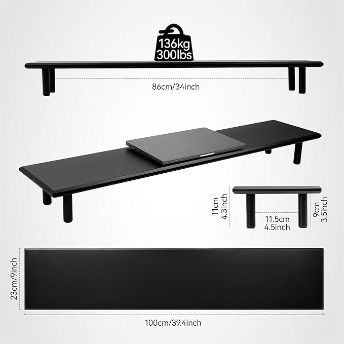 Bamboo Dual Monitor Stand Riser, Black Desk Shelf with Storage | 39.37-Inch Wide, 3.5-Inch Clearance, Fits Keyboards, Soundbars and Two 24-Inch Monitors for Home Office - Image 2