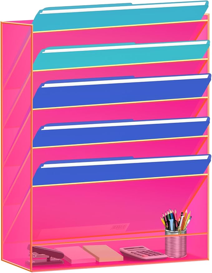 Gelite Hanging File Organizer Acrylic Wall File Holder for Office Vertical Paper Organizer Wall Mounted Magazine Rack, 5 Pockets, Neon Pink by Gelite