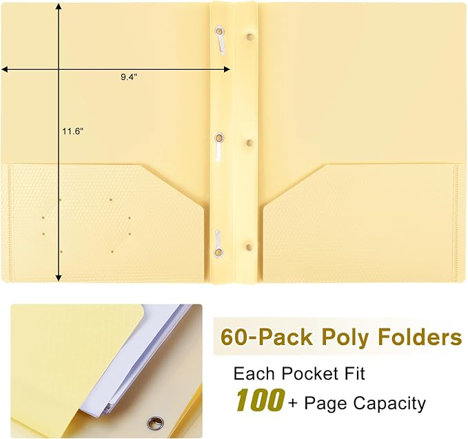 60-Pack Plastic andPockets and Prongs,2-Pocket and3 Fasteners, Holds 8-1/2" x 11" Paper for School/Office/Home, Pastel Color - Image 4
