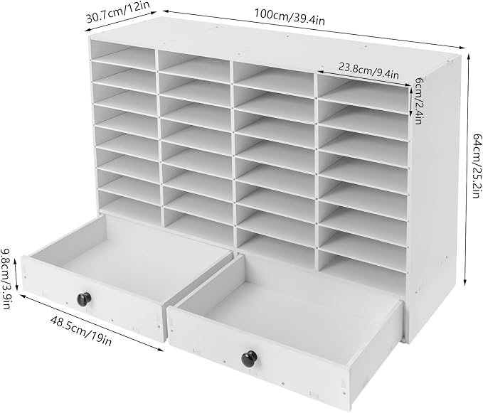 Mail Sorter Organizer, White Student Mailbox for Classroom, Desktop File Sorter, Literature Organizer, Paper Organizer for Home School Office (White 32 Compartment with 2 Drawers) - Image 5